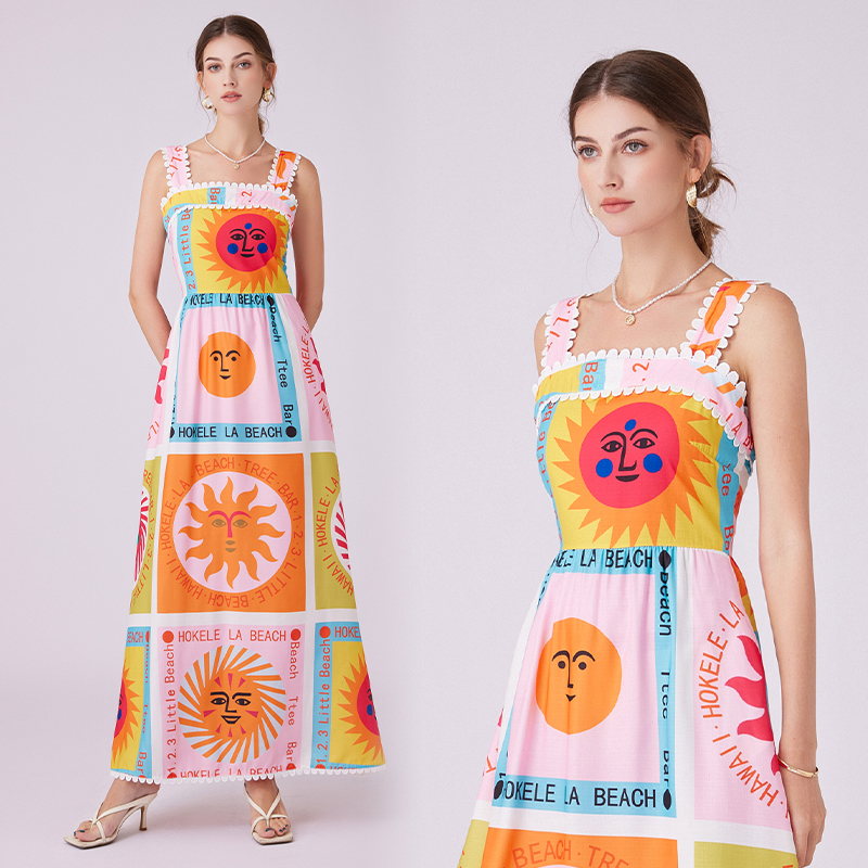 Temperament printing sleeveless dress sling long dress