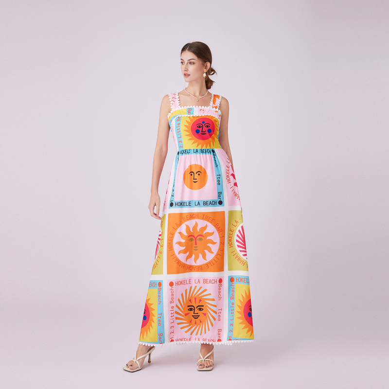 Temperament printing sleeveless dress sling long dress