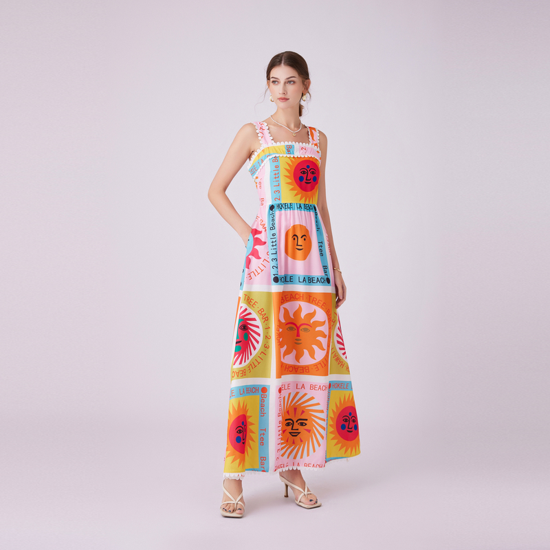 Temperament printing sleeveless dress sling long dress