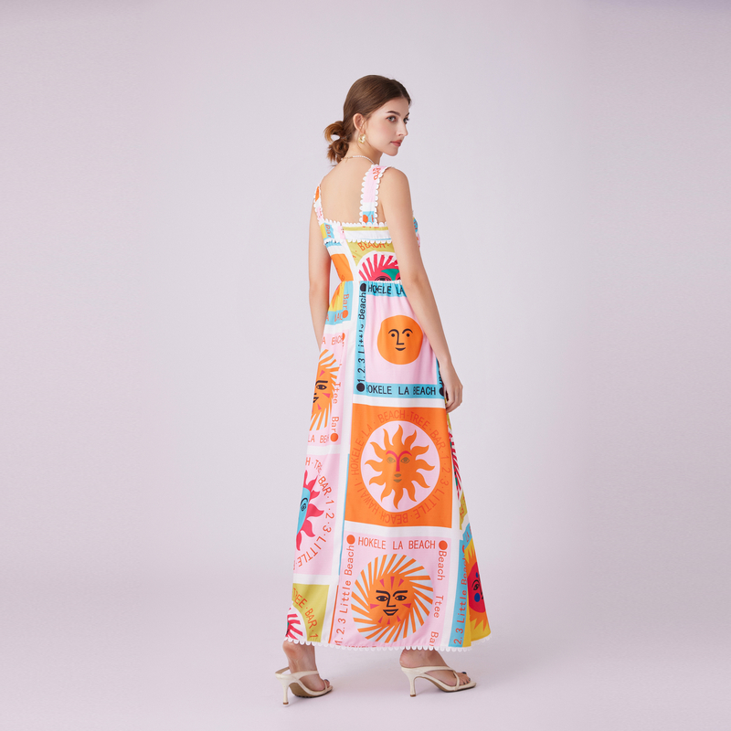 Temperament printing sleeveless dress sling long dress