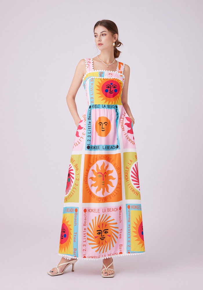 Temperament printing sleeveless dress sling long dress