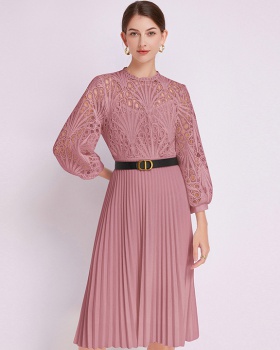 Crochet lace pleated hollow European style dress