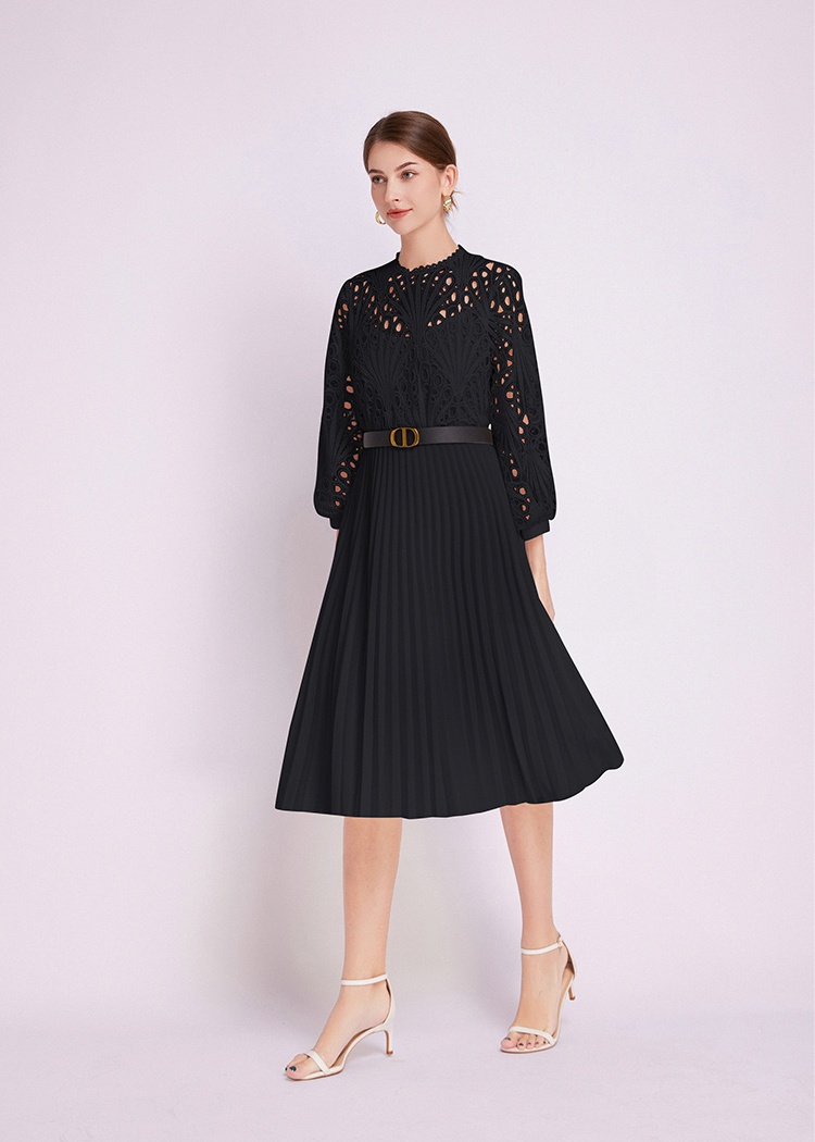 Crochet lace pleated hollow European style dress