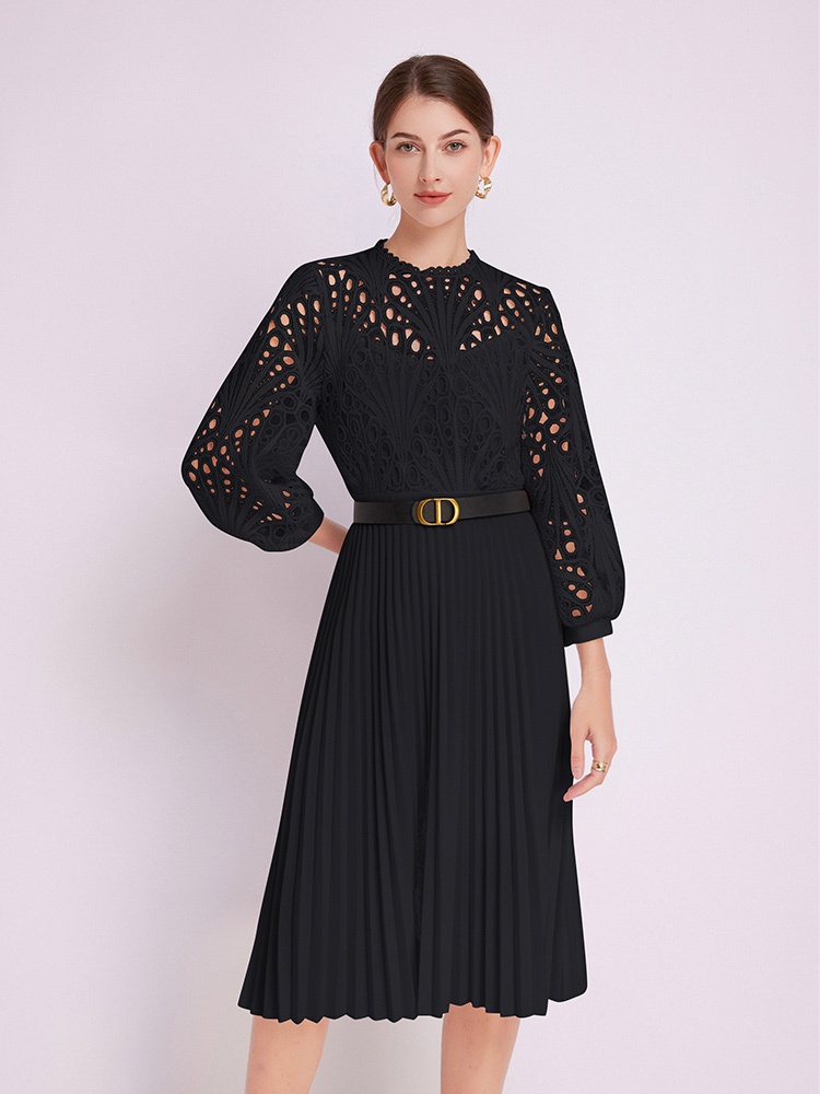 Crochet lace pleated hollow European style dress