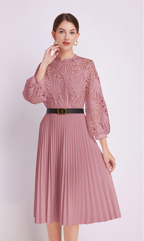 Crochet lace pleated hollow European style dress