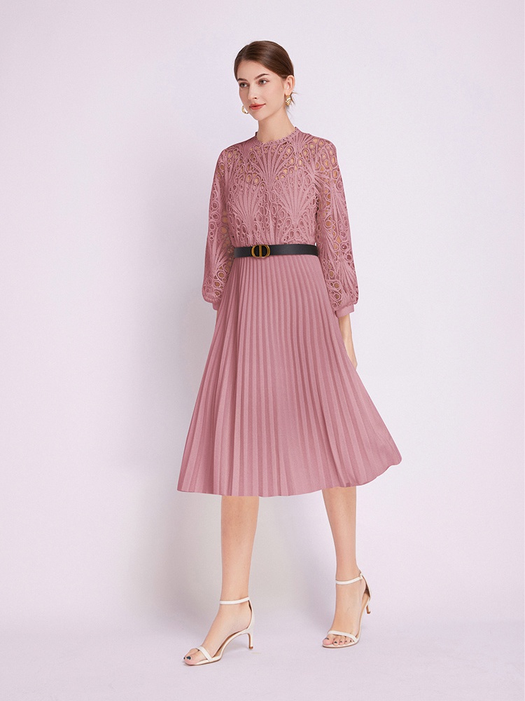 Crochet lace pleated hollow European style dress