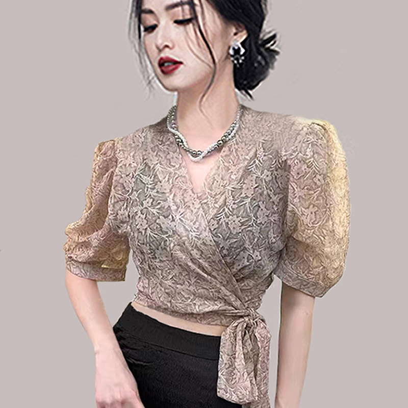 Slim ladies shirts lace pinched waist tops for women