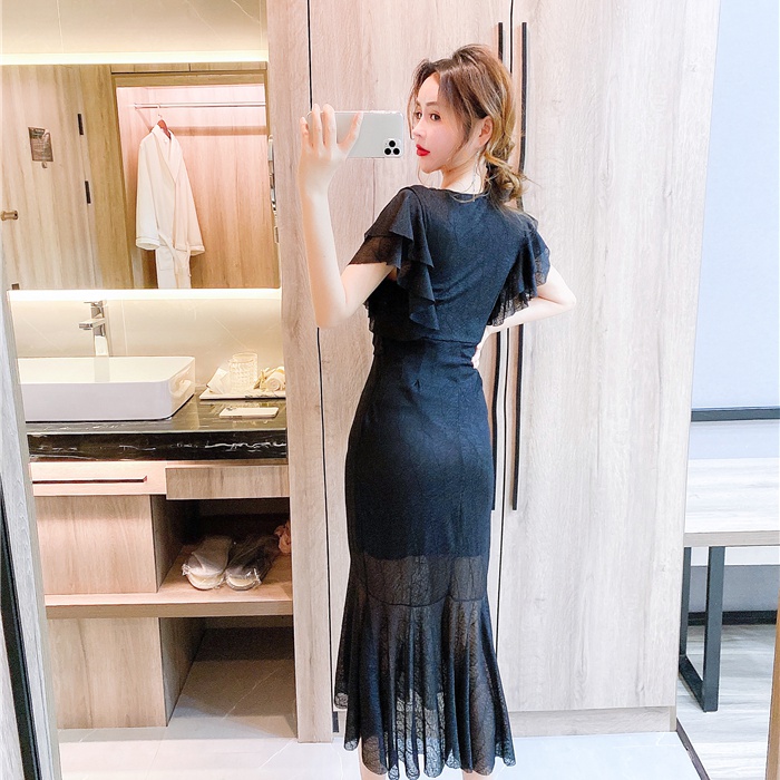 Elegant summer dress package hip lotus leaf edges long dress