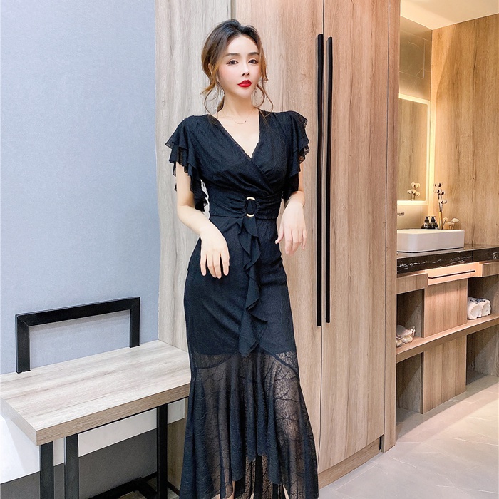 Elegant summer dress package hip lotus leaf edges long dress