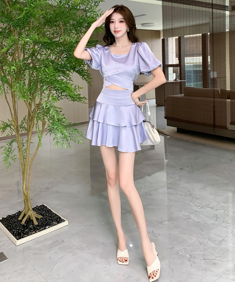 Square collar summer diamond short skirt a set