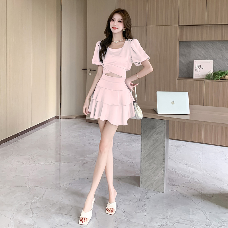 Square collar summer diamond short skirt a set