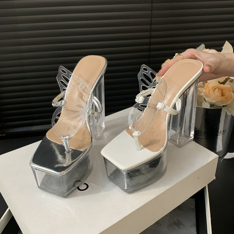 White silver butterfly sandals crystal high-heeled platform