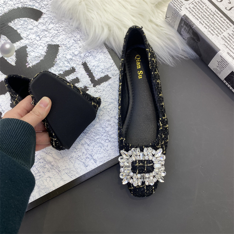 Flat black rhinestone tender chanelstyle shoes for women