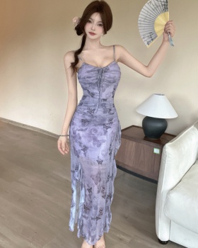 France style lotus leaf edges long dress sling sexy dress