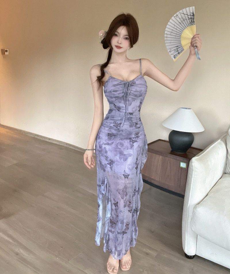 France style lotus leaf edges long dress sling sexy dress