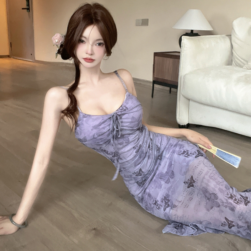 France style lotus leaf edges long dress sling sexy dress