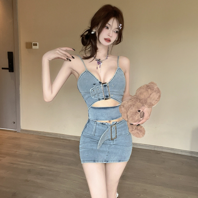 Sling sexy tops summer short skirt 2pcs set