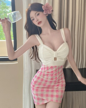 Package hip short plaid bottoming sling sexy dress