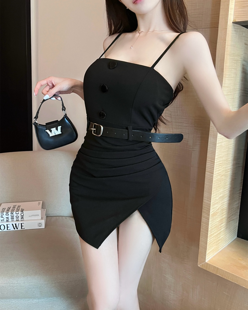 Girding strap split wrapped chest sling dress