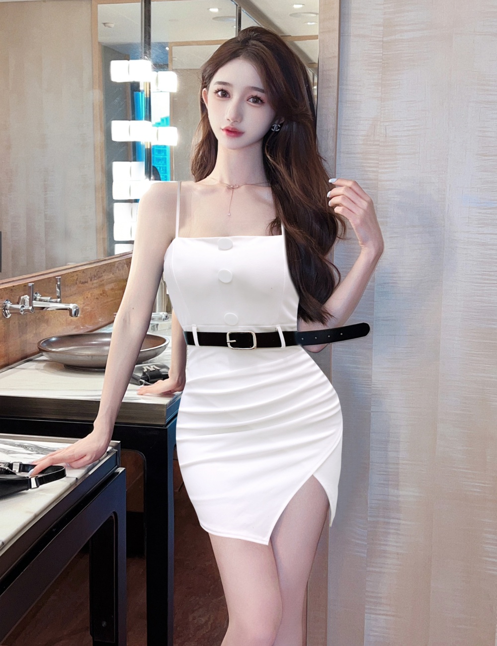 Girding strap split wrapped chest sling dress