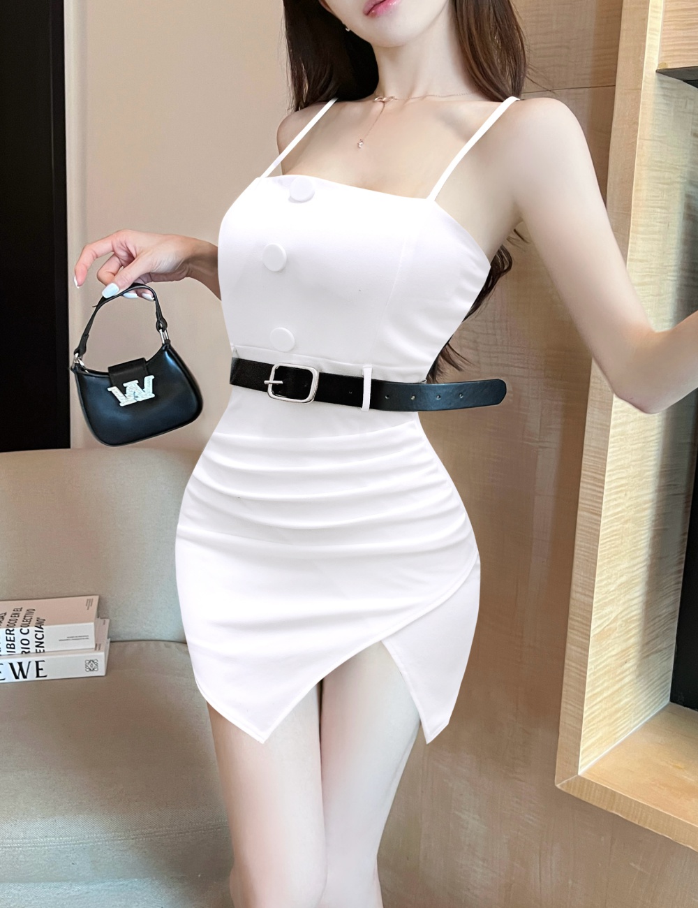 Girding strap split wrapped chest sling dress