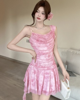 Rose gauze lithe strap dress streamer blooming dress