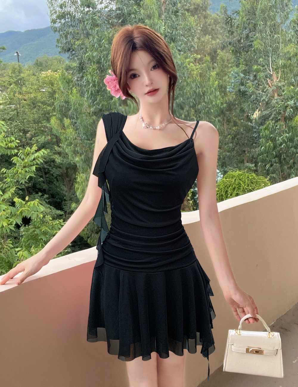 Rose gauze lithe strap dress streamer blooming dress