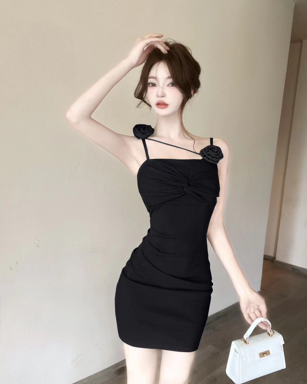 Ladies package hip stereoscopic sexy sling rose dress