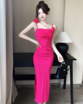 Splice flowers slit formal dress bottoming sling dress