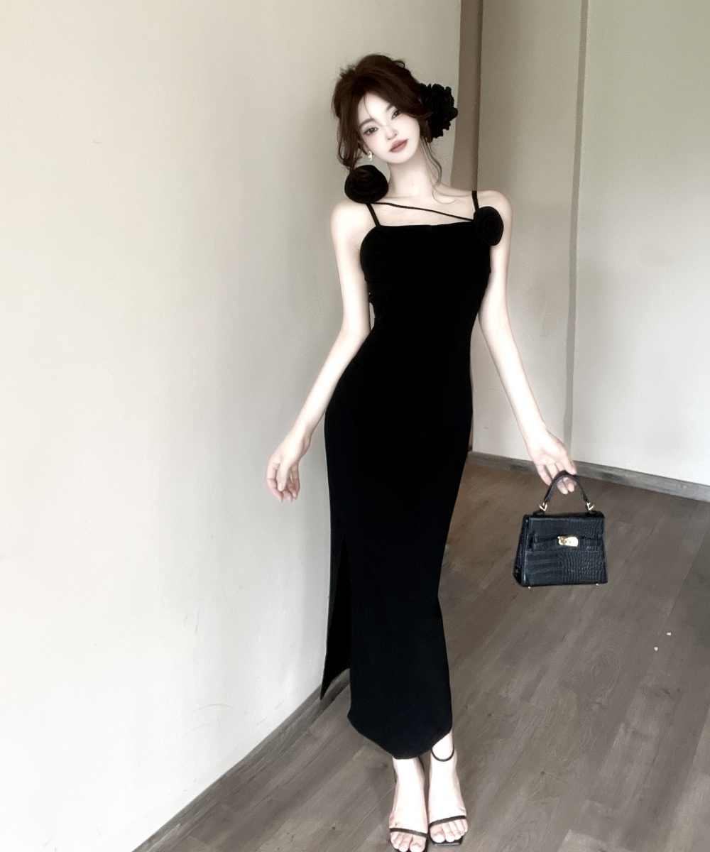 Splice flowers slit formal dress bottoming sling dress