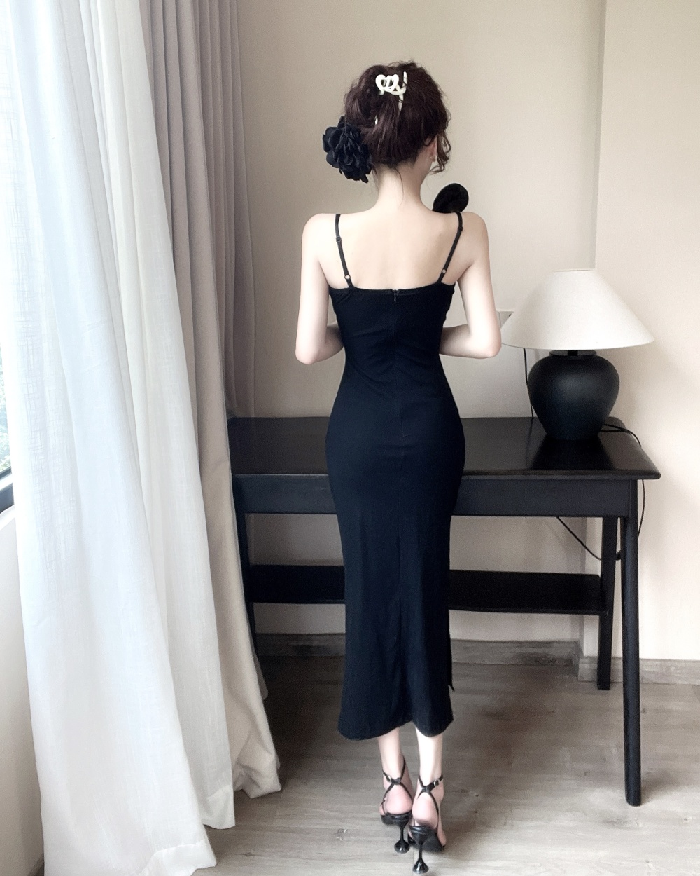 Splice flowers slit formal dress bottoming sling dress