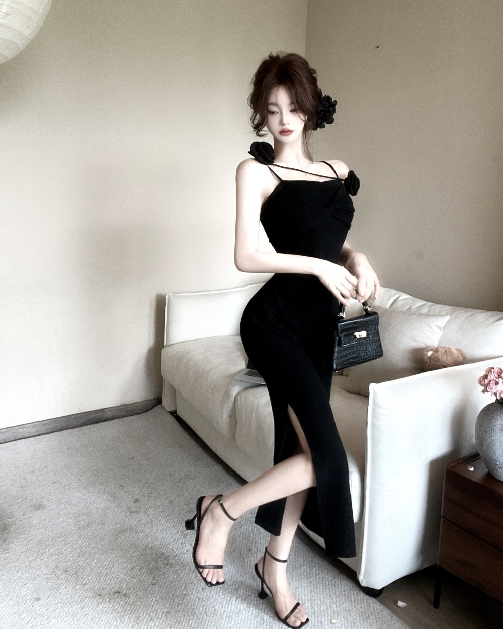 Splice flowers slit formal dress bottoming sling dress