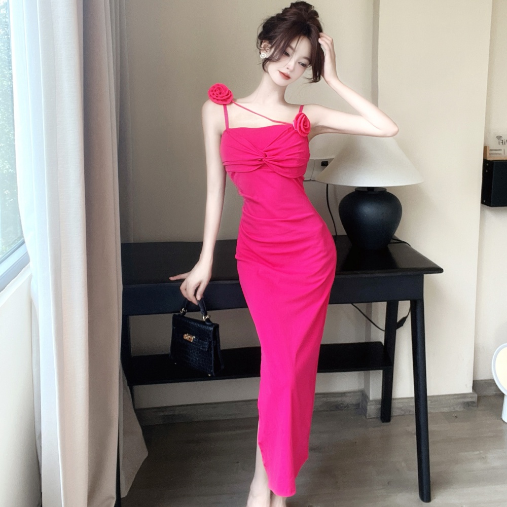 Splice flowers slit formal dress bottoming sling dress