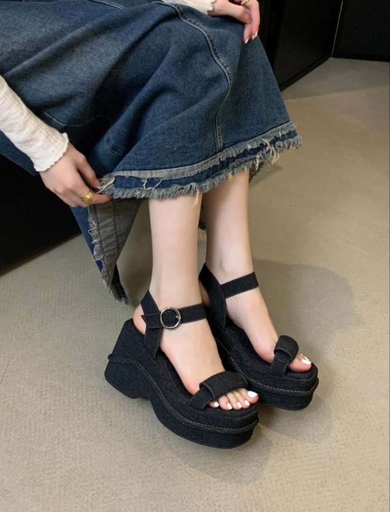 Spring open toe shoes denim small fellow platform