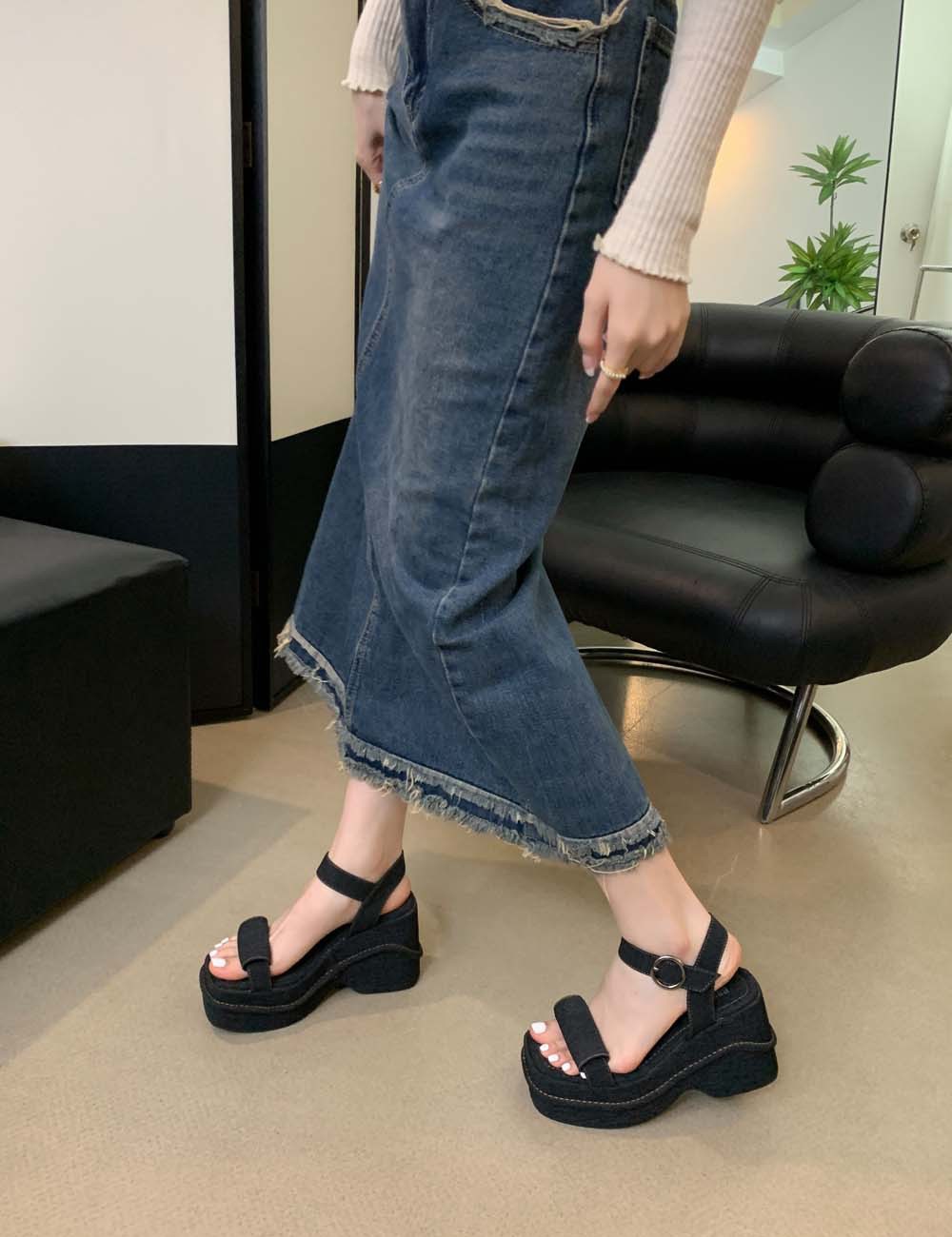 Spring open toe shoes denim small fellow platform