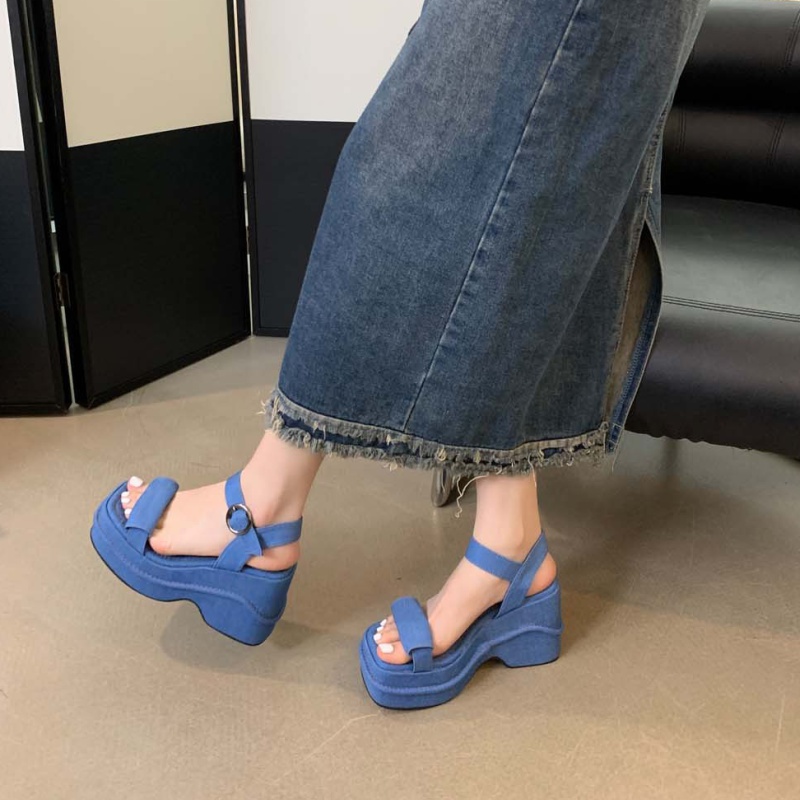 Spring open toe shoes denim small fellow platform