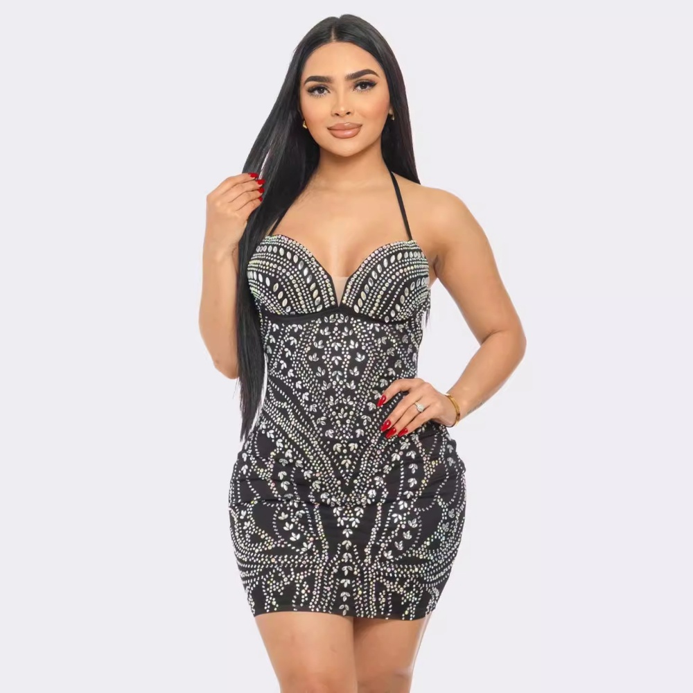 Rhinestone elasticity package hip sexy halter slim dress