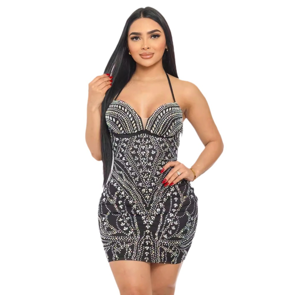 Rhinestone elasticity package hip sexy halter slim dress