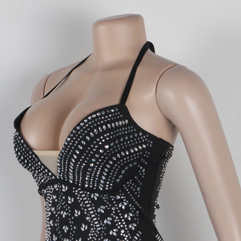 Rhinestone elasticity package hip sexy halter slim dress