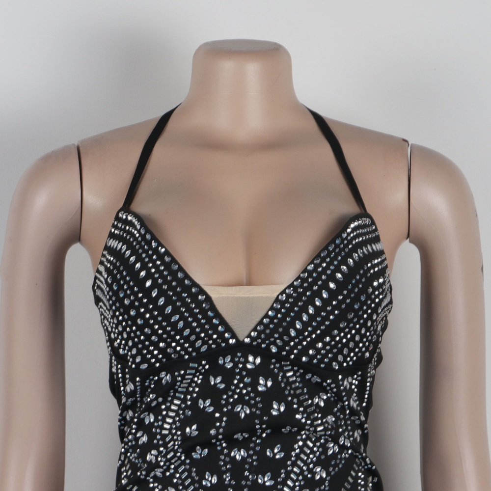 Rhinestone elasticity package hip sexy halter slim dress