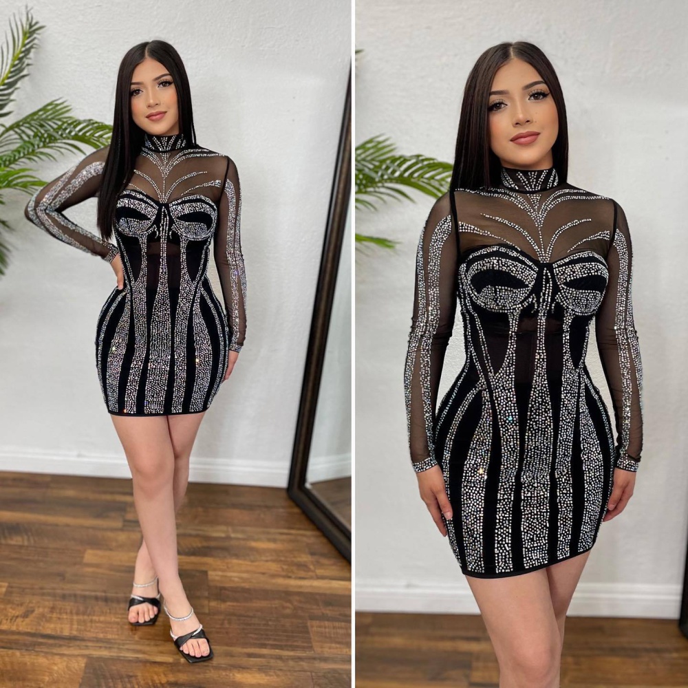 Perspective gauze sexy rhinestone elasticity dress