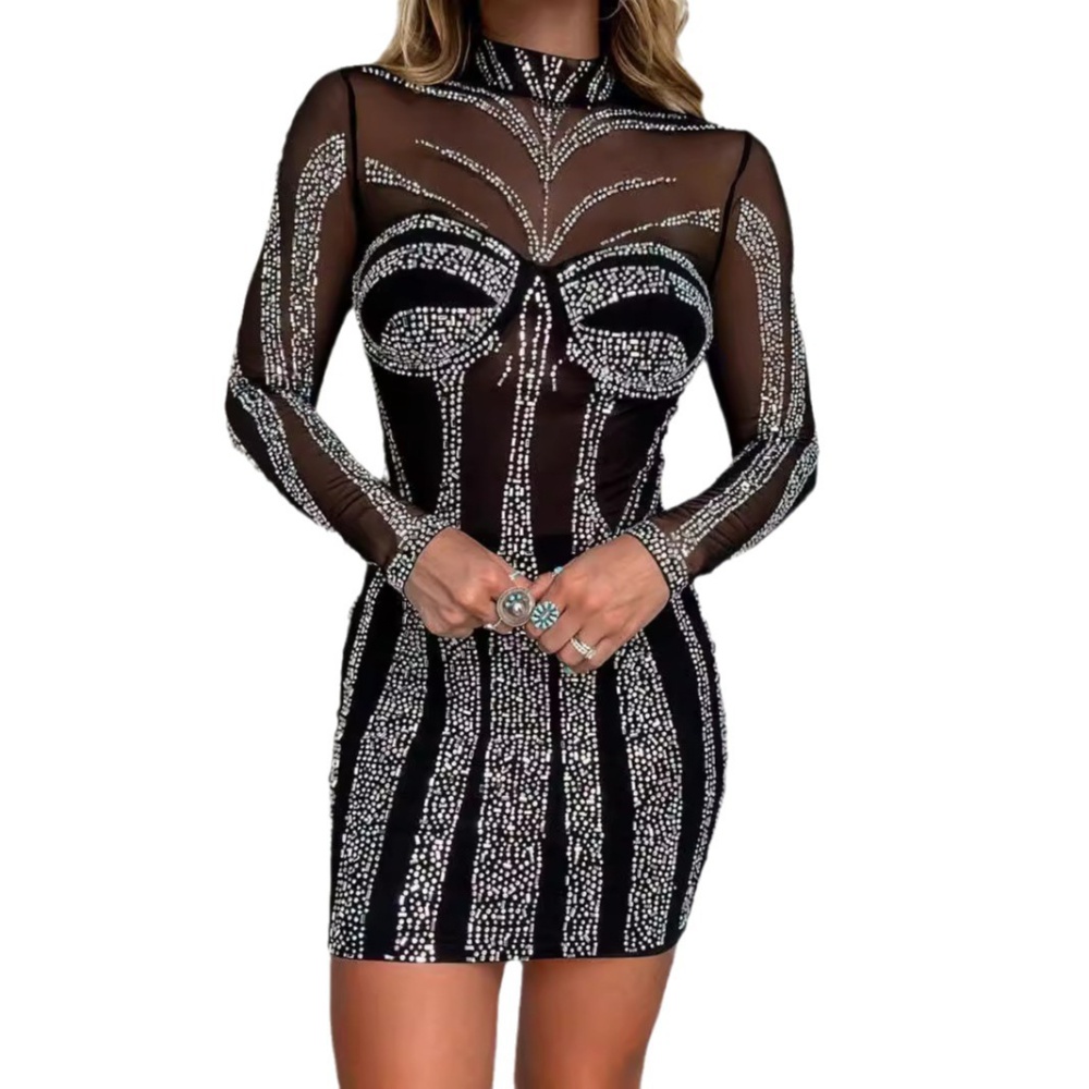 Perspective gauze sexy rhinestone elasticity dress