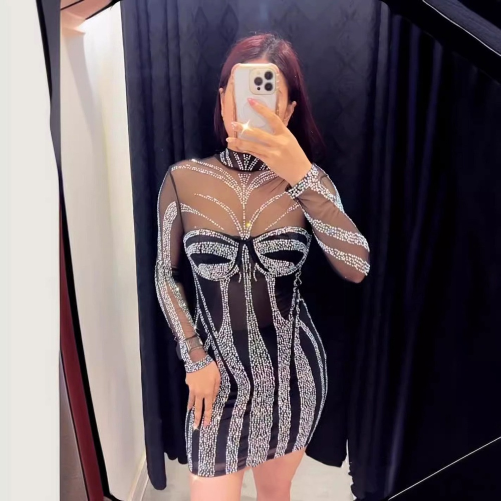 Perspective gauze sexy rhinestone elasticity dress