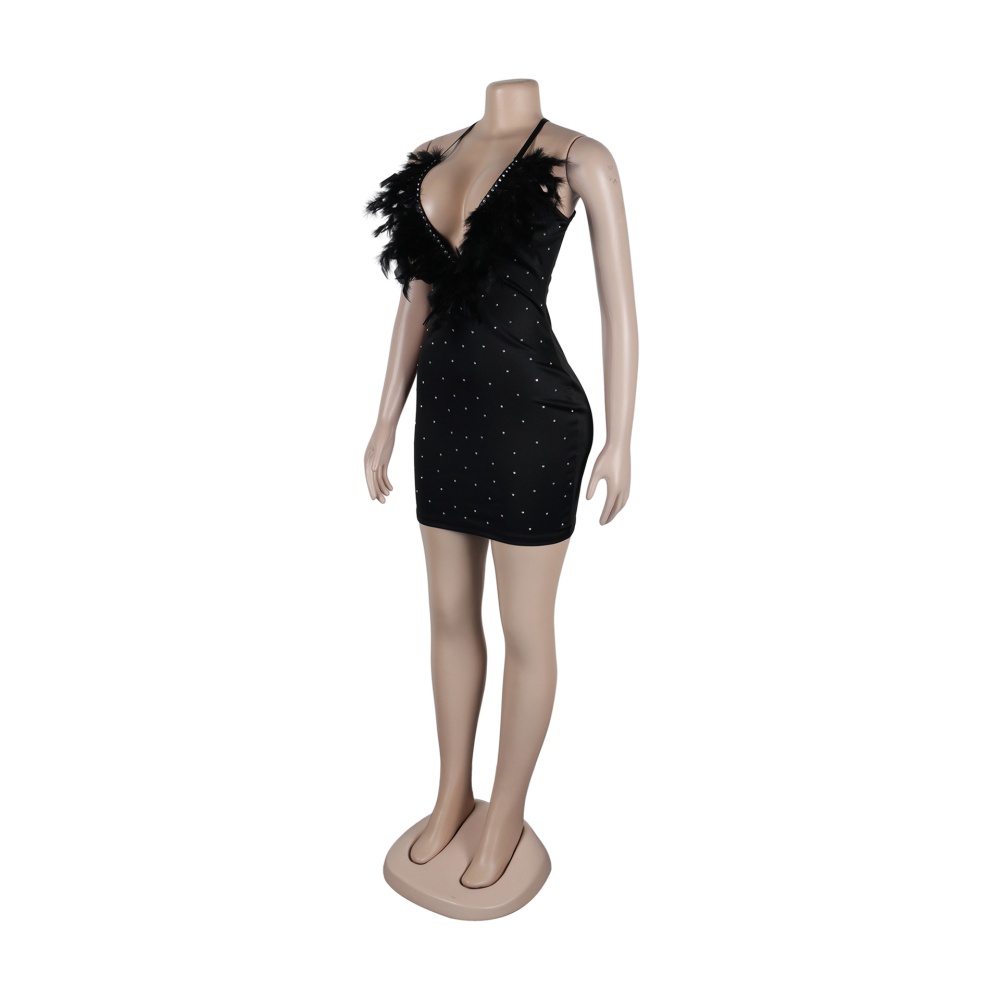 V-neck rhinestone package hip feather slim dress