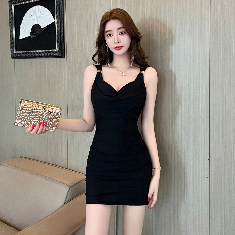 Low-cut short package hip sexy gauze sling dress