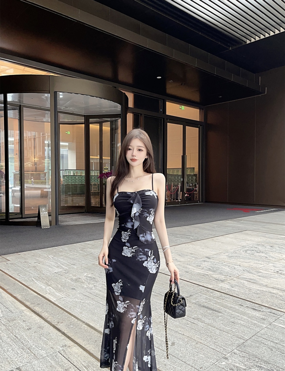 Sling floral long high split retro dress for women