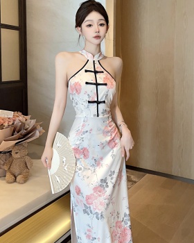 Maiden printing split cheongsam Chinese style splice dress