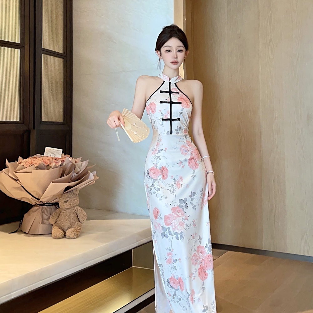 Maiden printing split cheongsam Chinese style splice dress