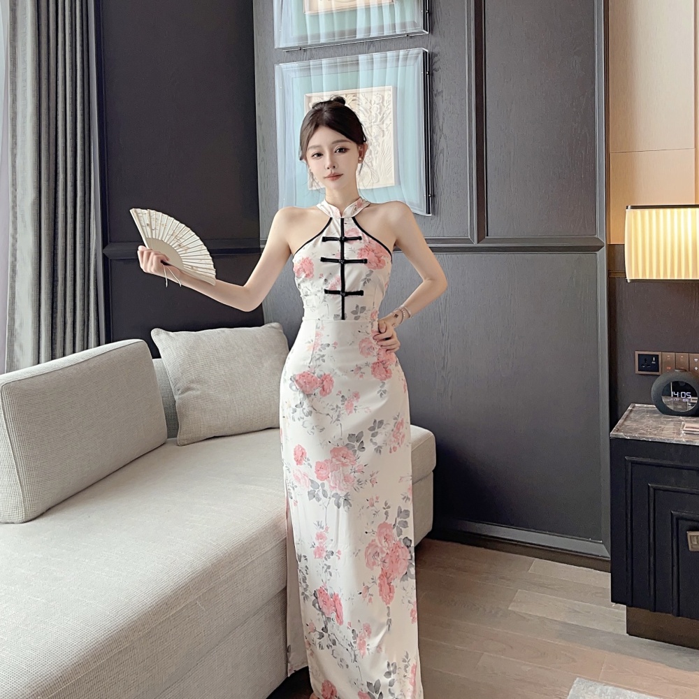 Maiden printing split cheongsam Chinese style splice dress