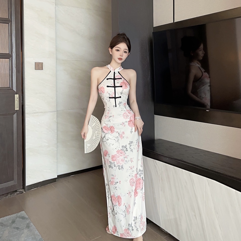 Maiden printing split cheongsam Chinese style splice dress